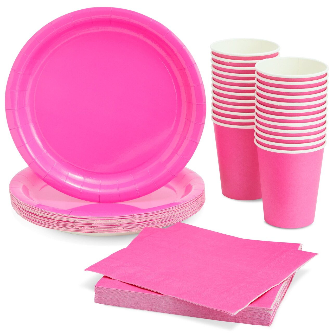 72 Pieces of Hot Pink Party Supplies with Paper Plates, Cups, and Napkins for Birthday Decorations (Serves 24)